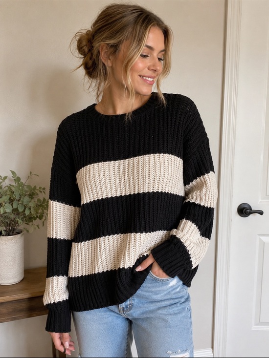 Sweaters - Striped Crewneck Knit Sweater in Black and Cream